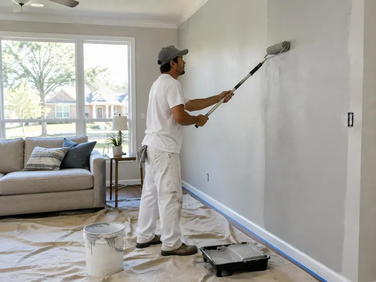 Illustration of a painter applying neutral paint to a residential interior wall