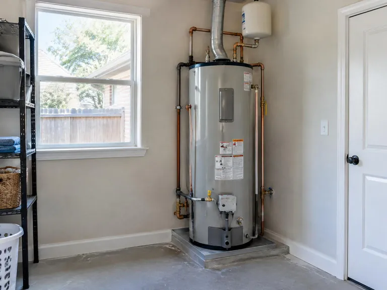 Illustration of a residential water heater with neatly installed plumbing connections